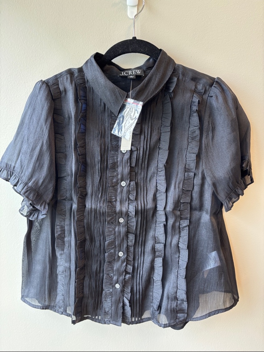 J. Crew Charcoal Gray Ruffled Sheer Button-Up Blouse